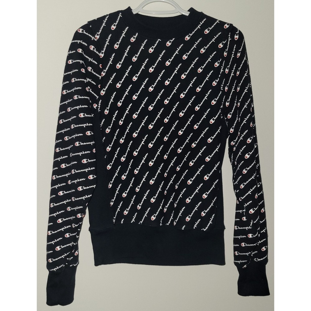 Champion‎ Reverse Weave All Over Print Sweatshirt Size Extra Small Navy Blue AOP